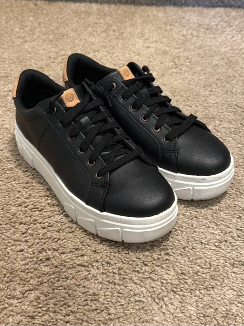 Sperry Black Leather Platform Sneakers with White Soles and Tan Accents
